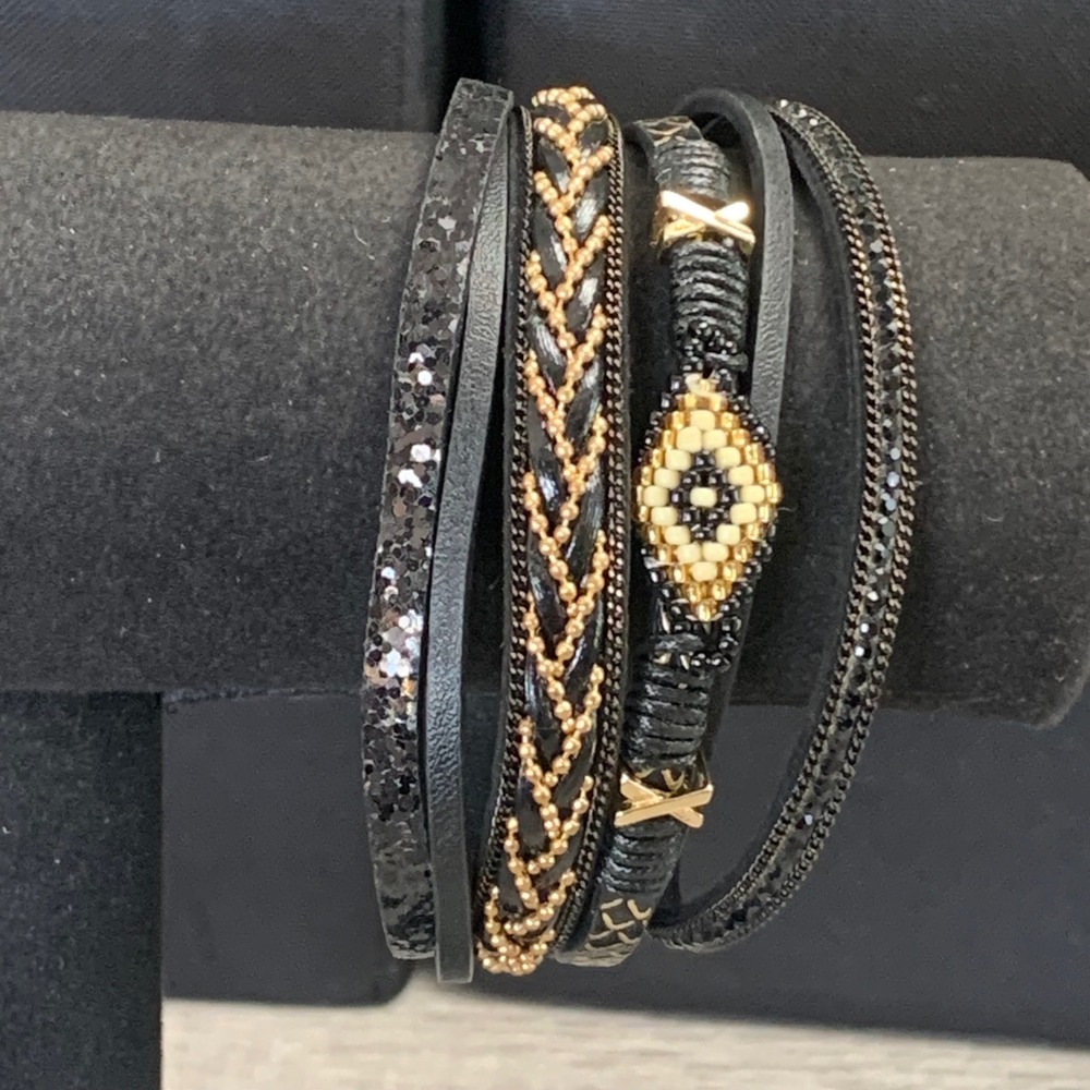 Black Gold Evil Eye Multi Strand Wrap Bracelet Magnetic Clasp Boho Glitter 7.5"